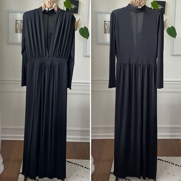 Fashion Nova Black Long Sleeve Maxi Dress Plunging Neckline 1XL - Picture 1 of 7